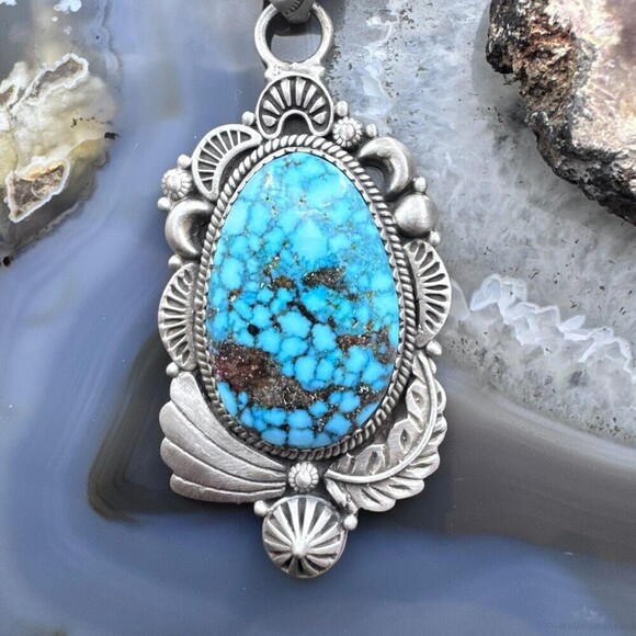 Sterling Southwestern Style Large Egg-shape Kingman Turquoise Pendant For Women - Picture 6 of 10